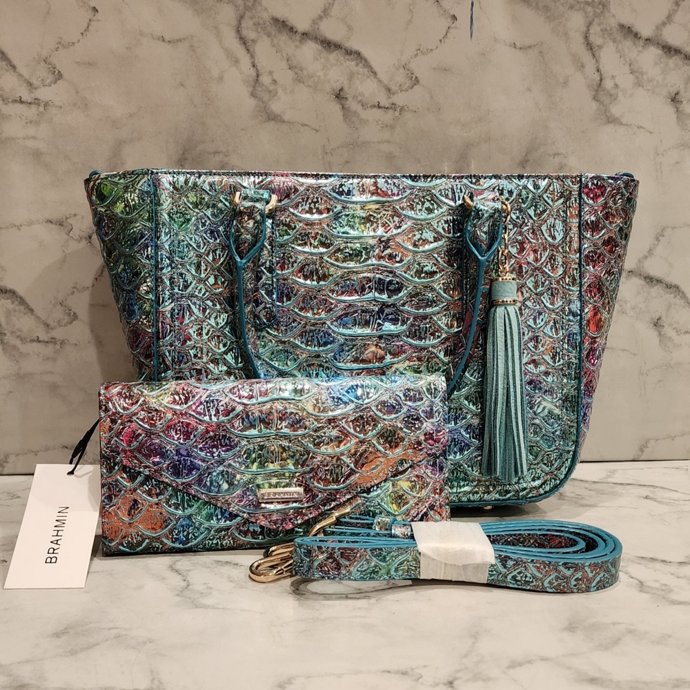 Brahmin Frisky Montego Set Small Ashlee Crossbody Bag Veronica Wallet Iridescent